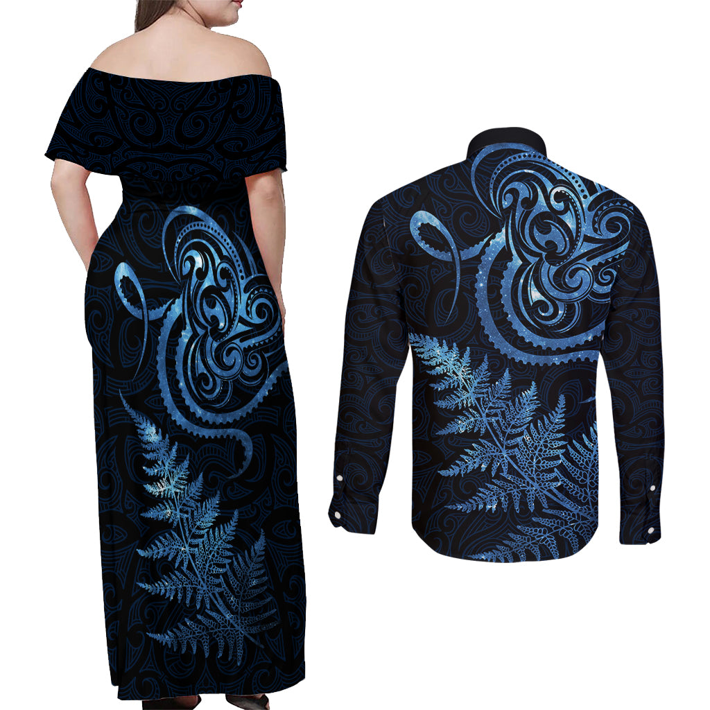 New Zealand Octopus Tattoo and Fern Couples Matching Off Shoulder Maxi Dress and Long Sleeve Button Shirt Maori Pattern Matariki Style