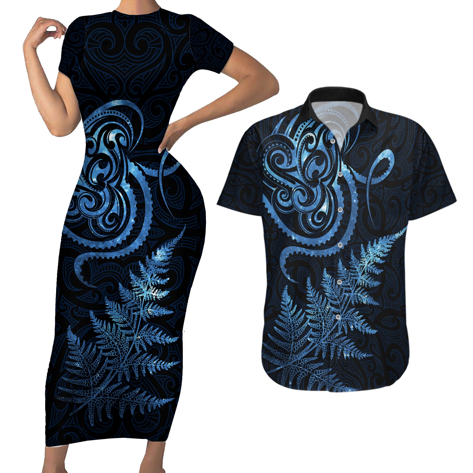 New Zealand Octopus Tattoo and Fern Couples Matching Short Sleeve Bodycon Dress and Hawaiian Shirt Maori Pattern Matariki Style