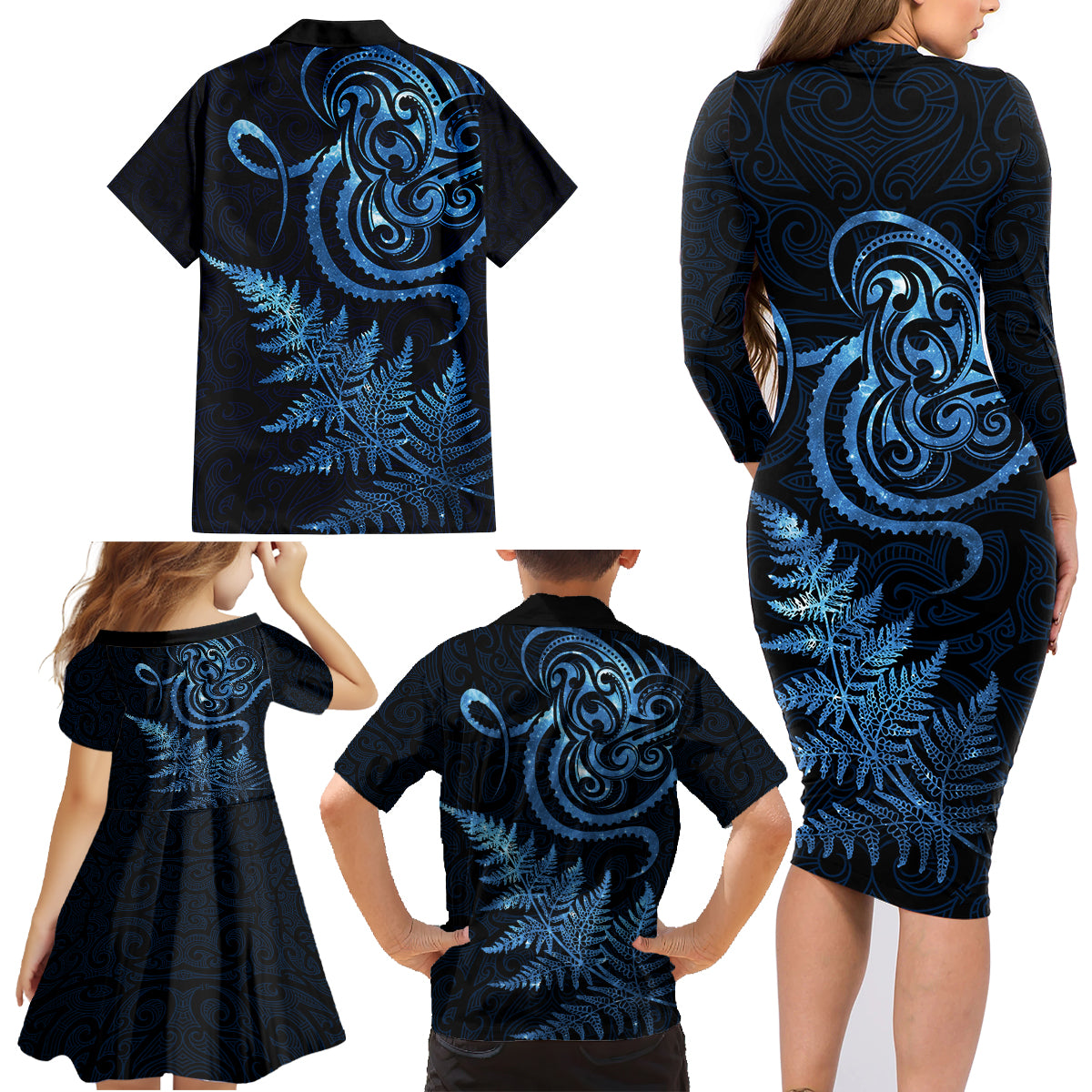 New Zealand Octopus Tattoo and Fern Family Matching Long Sleeve Bodycon Dress and Hawaiian Shirt Maori Pattern Matariki Style