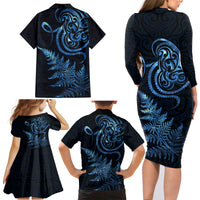 New Zealand Octopus Tattoo and Fern Family Matching Long Sleeve Bodycon Dress and Hawaiian Shirt Maori Pattern Matariki Style