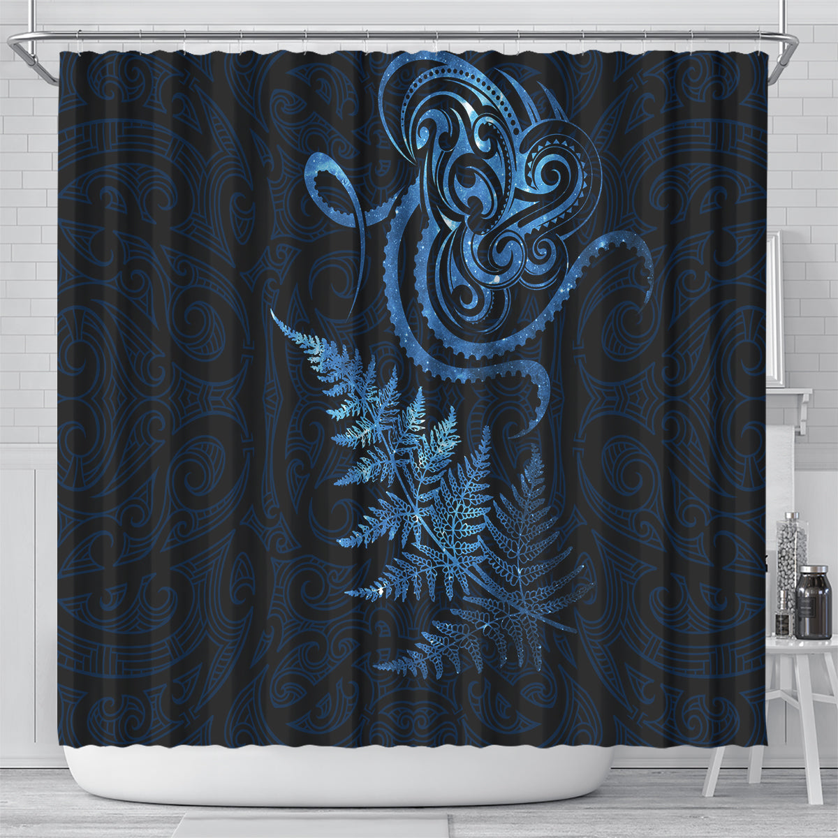 New Zealand Octopus Tattoo and Fern Shower Curtain Maori Pattern Matariki Style