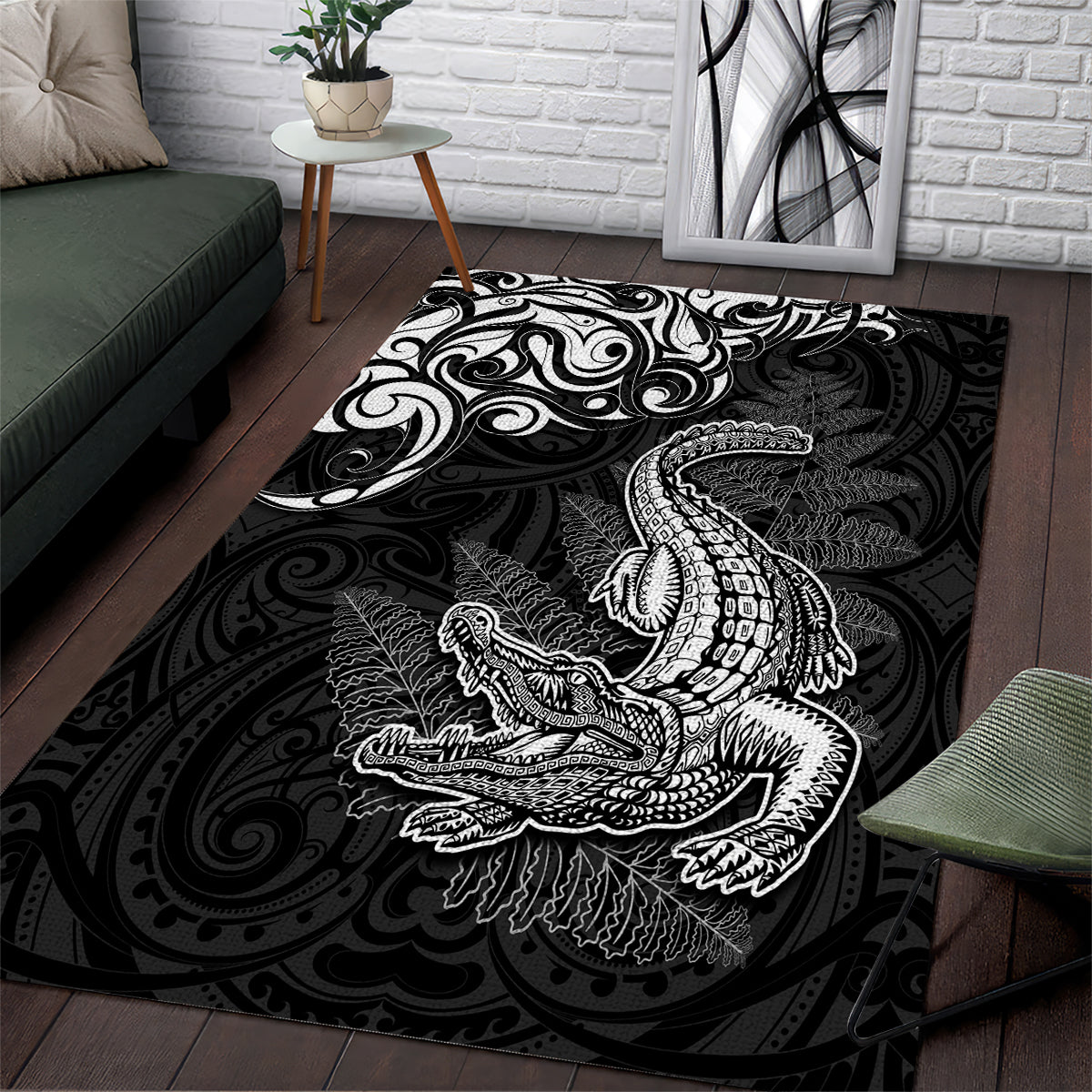 New Zealand Crocodile Tattoo and Fern Area Rug Maori Pattern LT03 Black - Polynesian Pride