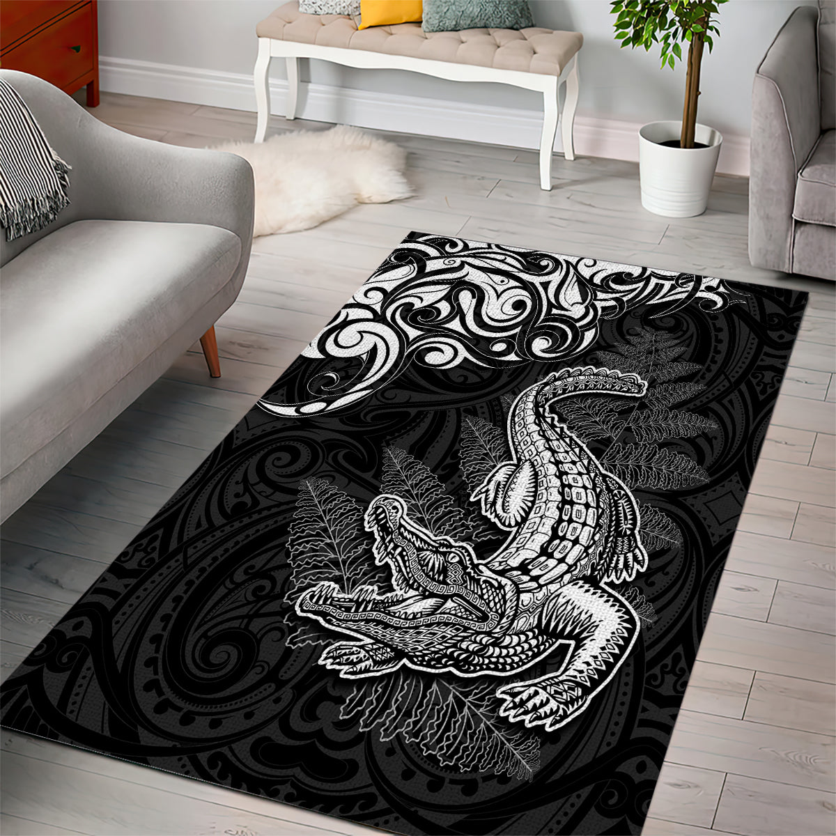 New Zealand Crocodile Tattoo and Fern Area Rug Maori Pattern LT03 - Polynesian Pride