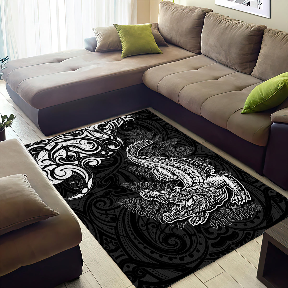 New Zealand Crocodile Tattoo and Fern Area Rug Maori Pattern LT03 - Polynesian Pride