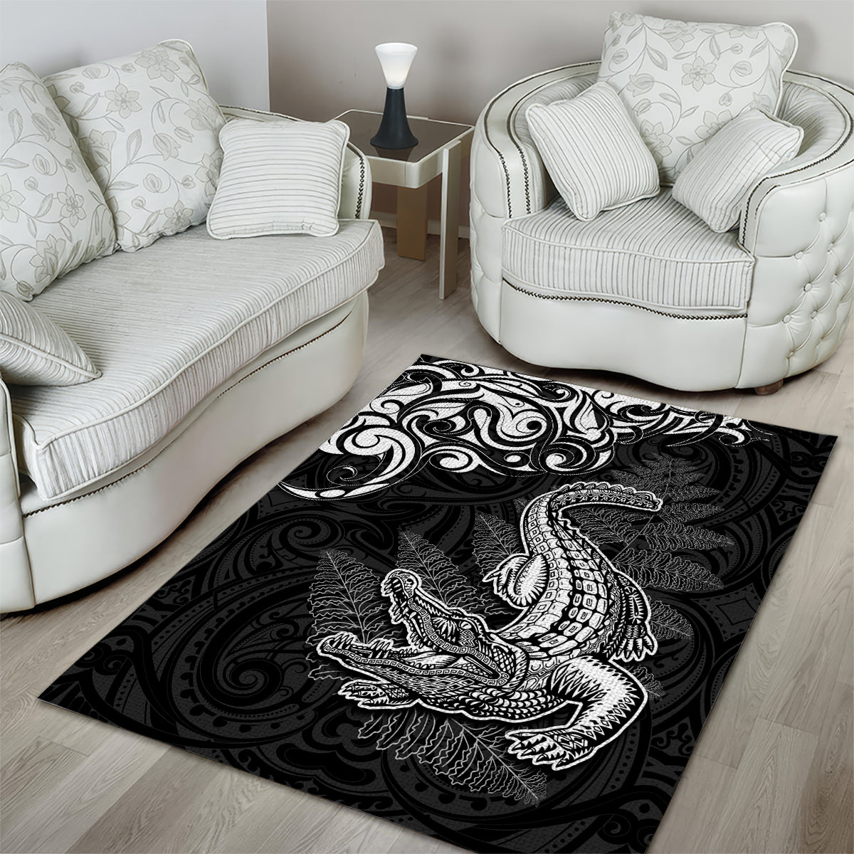 New Zealand Crocodile Tattoo and Fern Area Rug Maori Pattern LT03 - Polynesian Pride