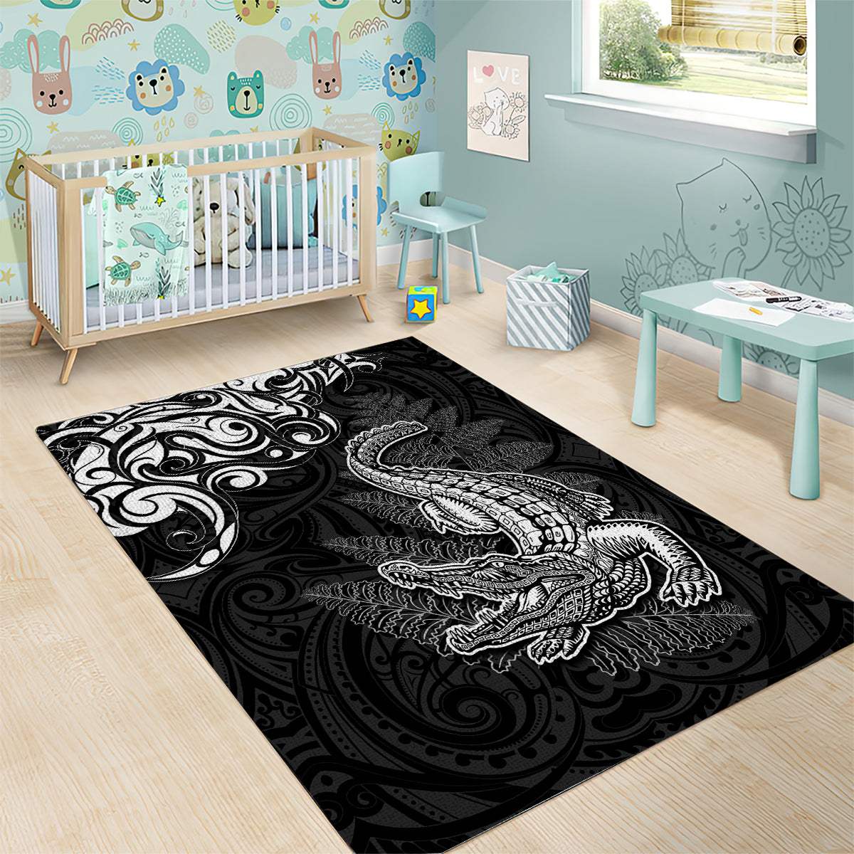 New Zealand Crocodile Tattoo and Fern Area Rug Maori Pattern LT03 - Polynesian Pride