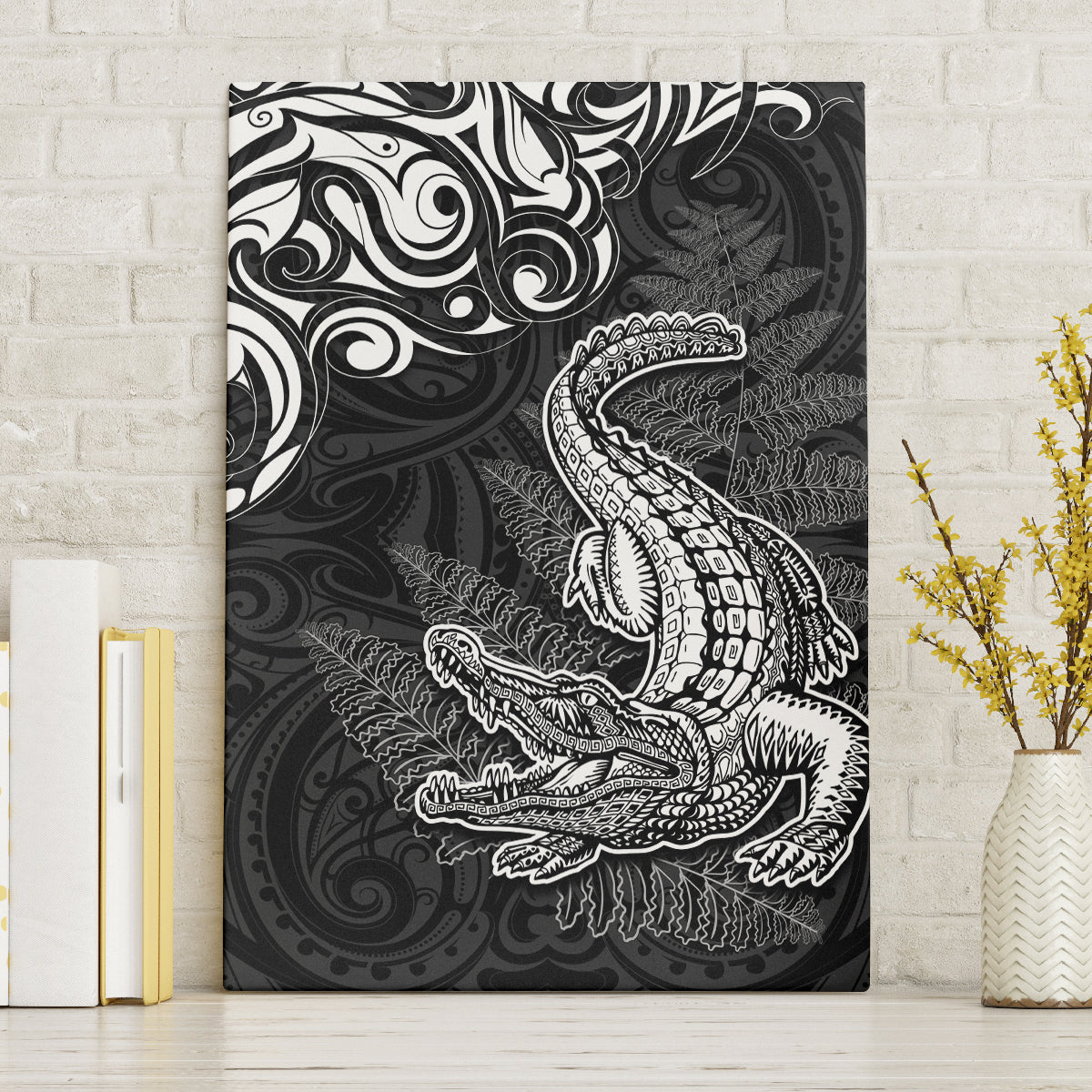 New Zealand Crocodile Tattoo and Fern Canvas Wall Art Maori Pattern