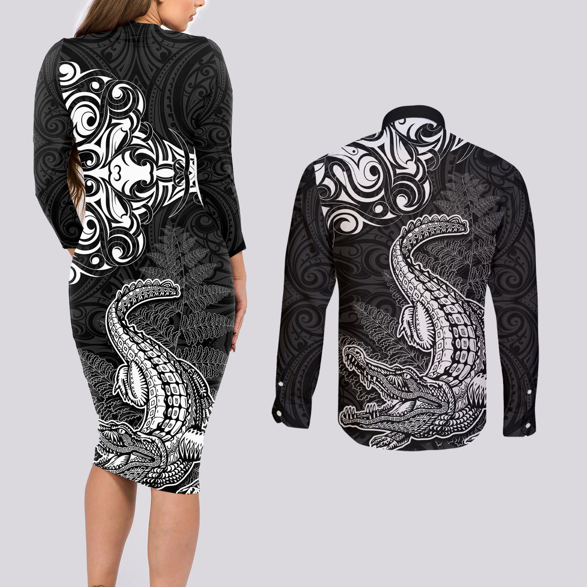 New Zealand Crocodile Tattoo and Fern Couples Matching Long Sleeve Bodycon Dress and Long Sleeve Button Shirt Maori Pattern