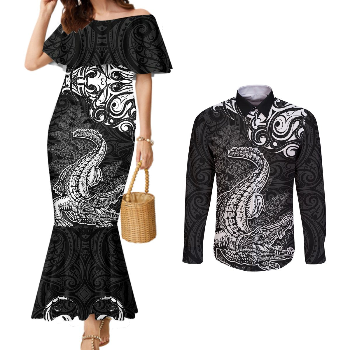 New Zealand Crocodile Tattoo and Fern Couples Matching Mermaid Dress and Long Sleeve Button Shirt Maori Pattern