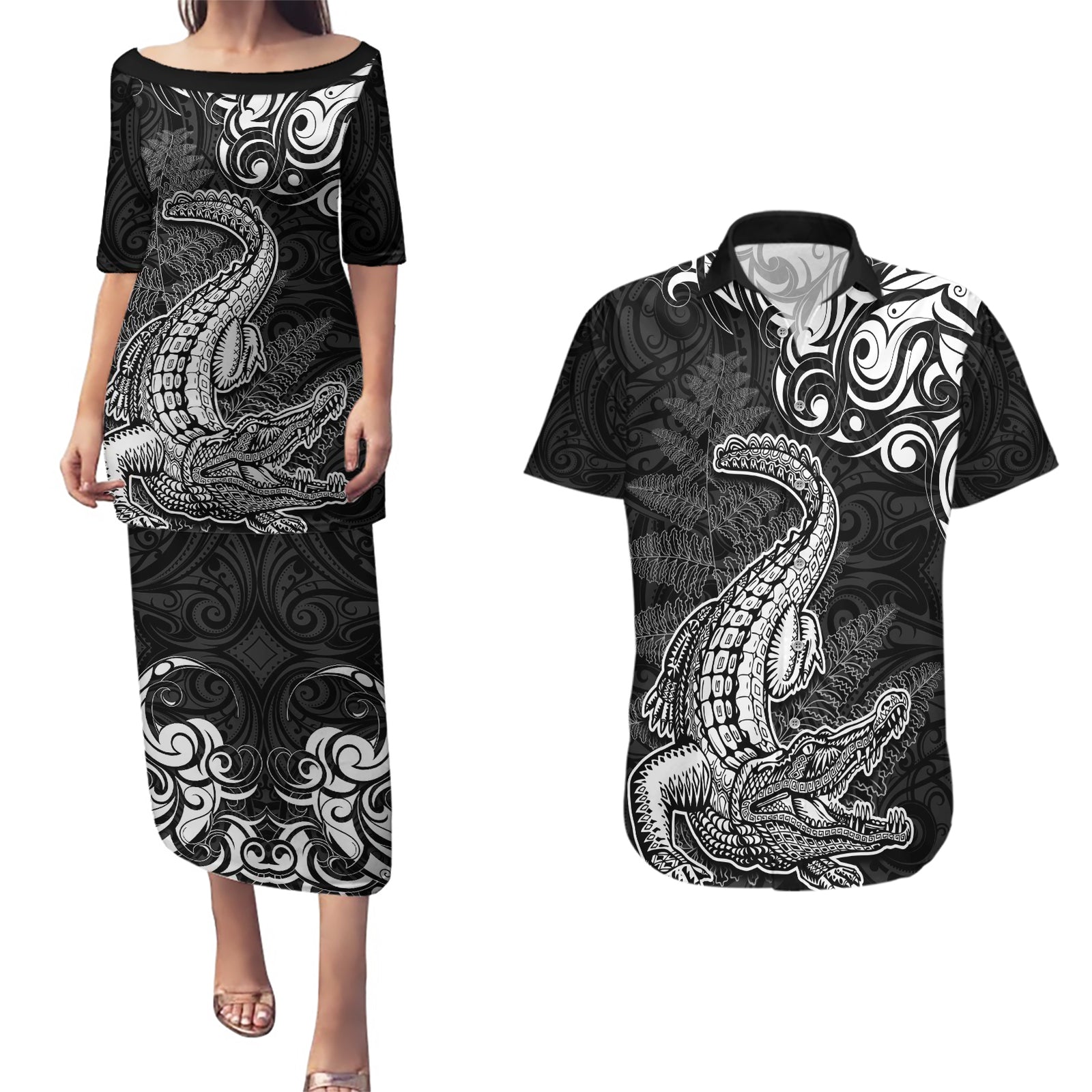 New Zealand Crocodile Tattoo and Fern Couples Matching Puletasi and Hawaiian Shirt Maori Pattern