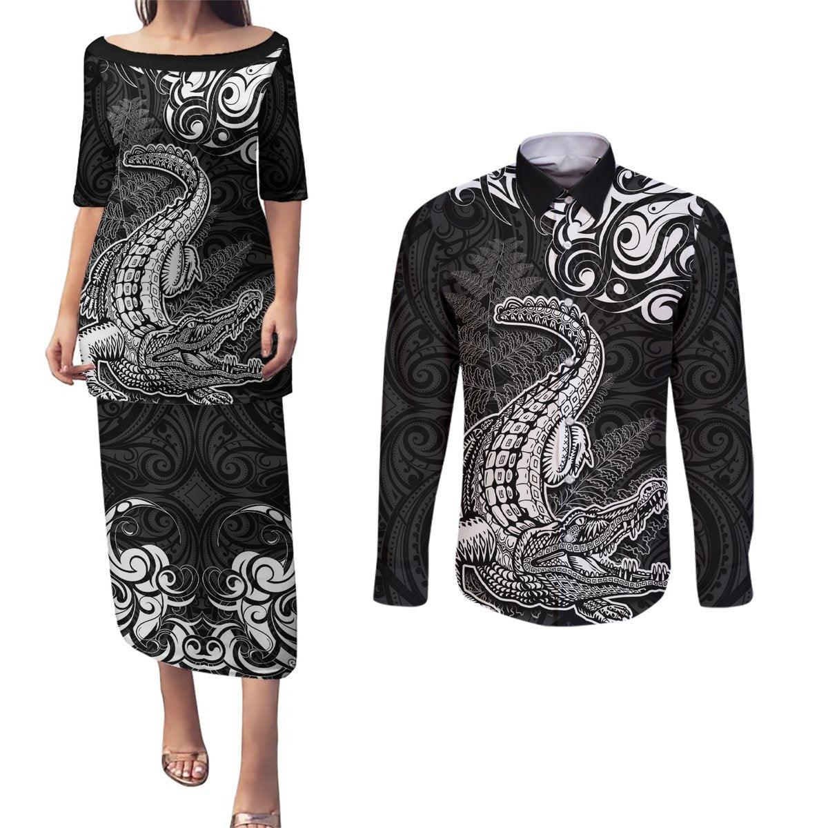 New Zealand Crocodile Tattoo and Fern Couples Matching Puletasi and Long Sleeve Button Shirt Maori Pattern LT03 Black - Polynesian Pride
