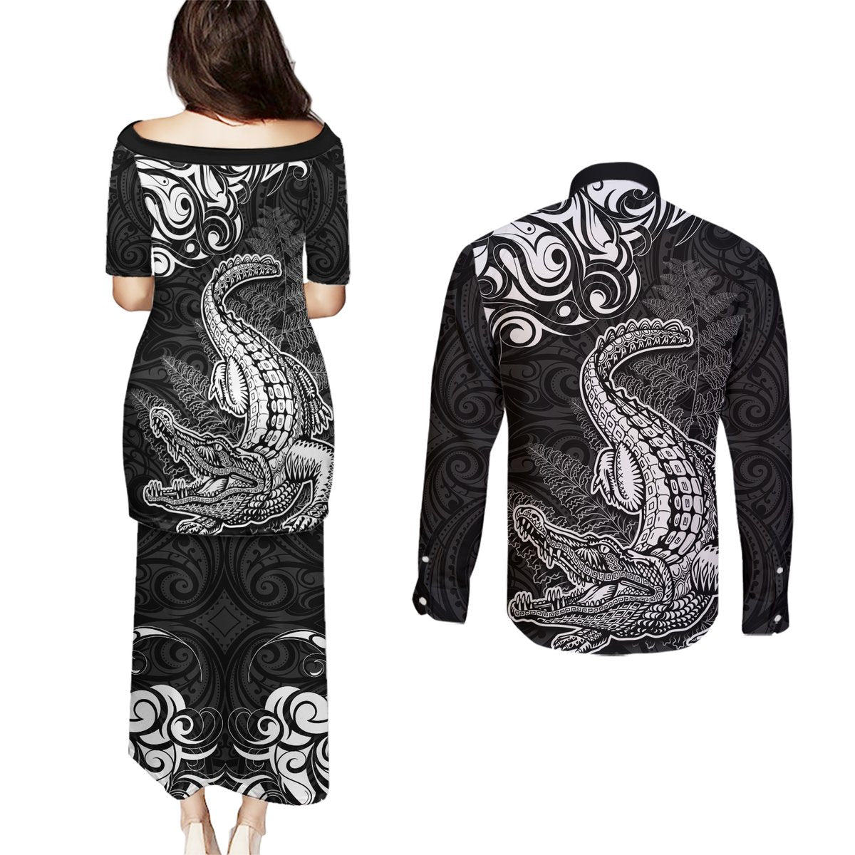 New Zealand Crocodile Tattoo and Fern Couples Matching Puletasi and Long Sleeve Button Shirt Maori Pattern LT03 - Polynesian Pride