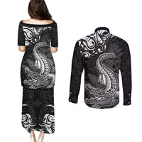 New Zealand Crocodile Tattoo and Fern Couples Matching Puletasi and Long Sleeve Button Shirt Maori Pattern LT03 - Polynesian Pride
