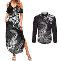 New Zealand Crocodile Tattoo and Fern Couples Matching Summer Maxi Dress and Long Sleeve Button Shirt Maori Pattern