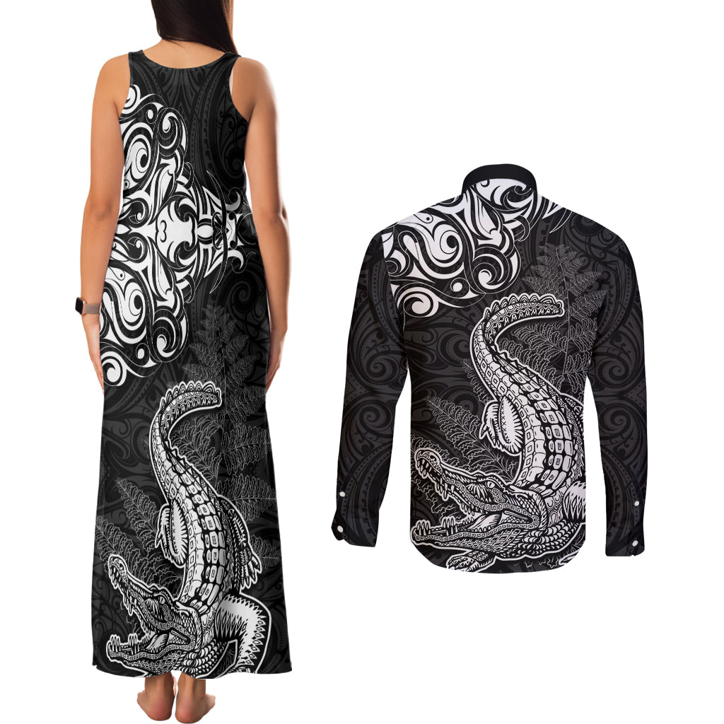 New Zealand Crocodile Tattoo and Fern Couples Matching Tank Maxi Dress and Long Sleeve Button Shirt Maori Pattern