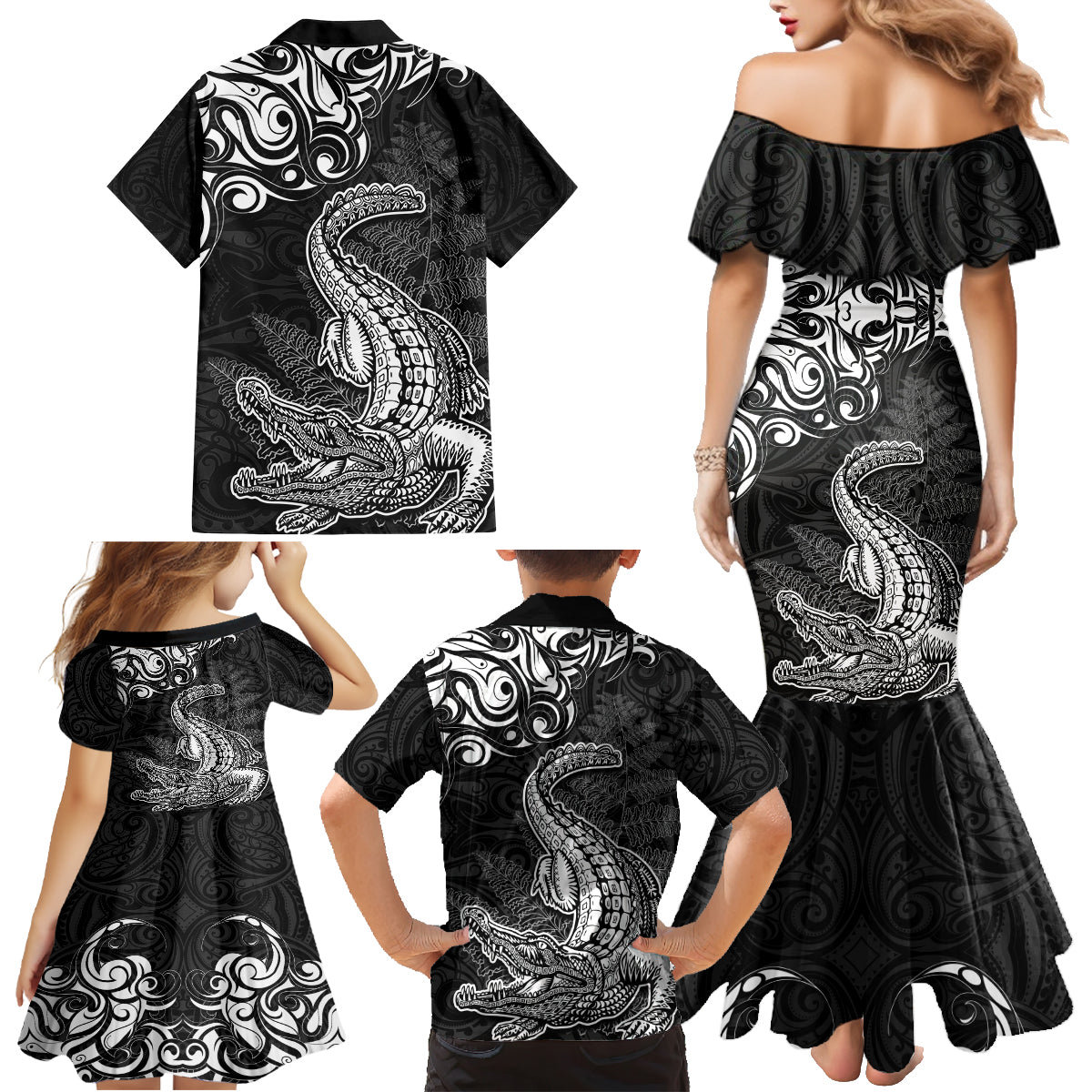New Zealand Crocodile Tattoo and Fern Family Matching Mermaid Dress and Hawaiian Shirt Maori Pattern