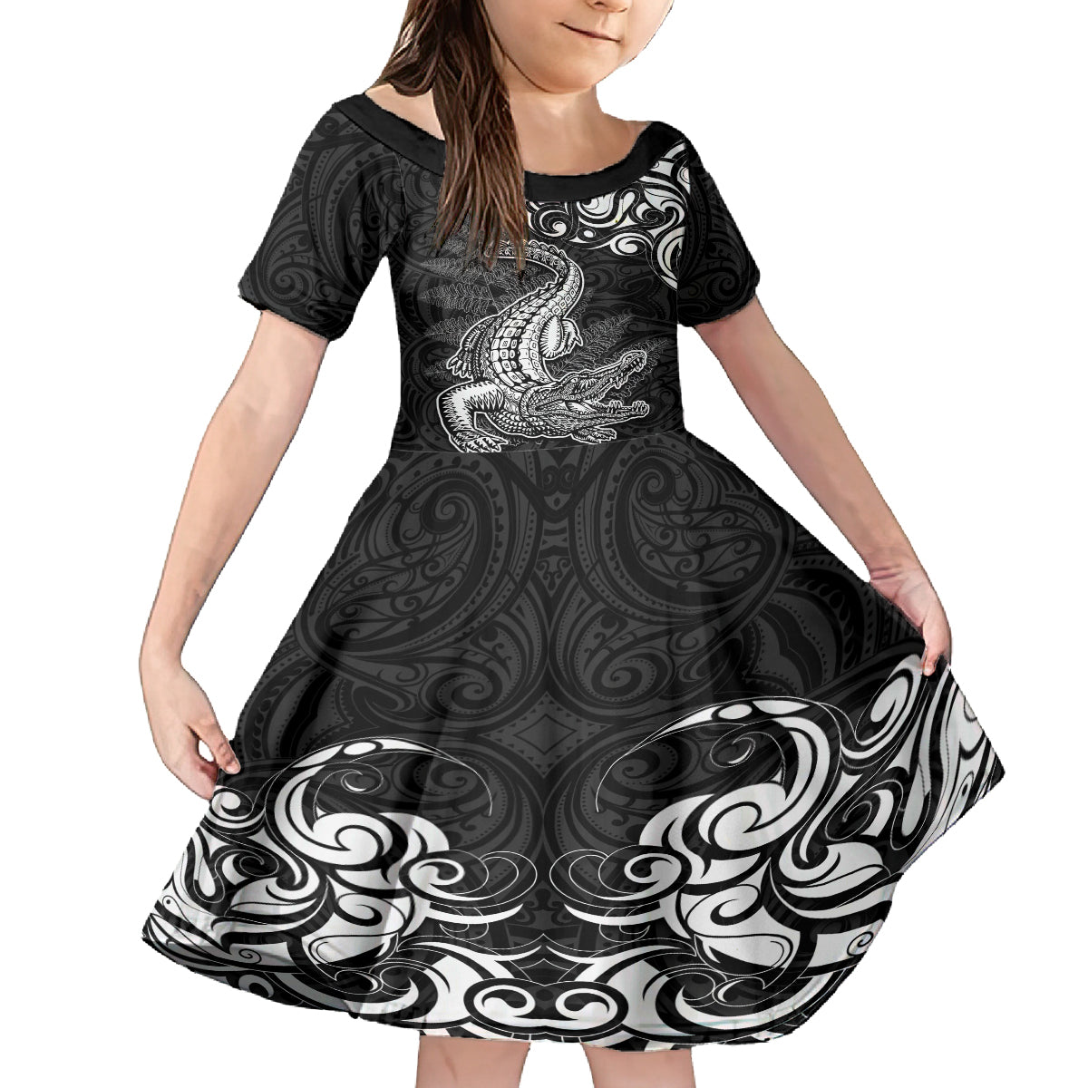 New Zealand Crocodile Tattoo and Fern Family Matching Tank Maxi Dress and Hawaiian Shirt Maori Pattern