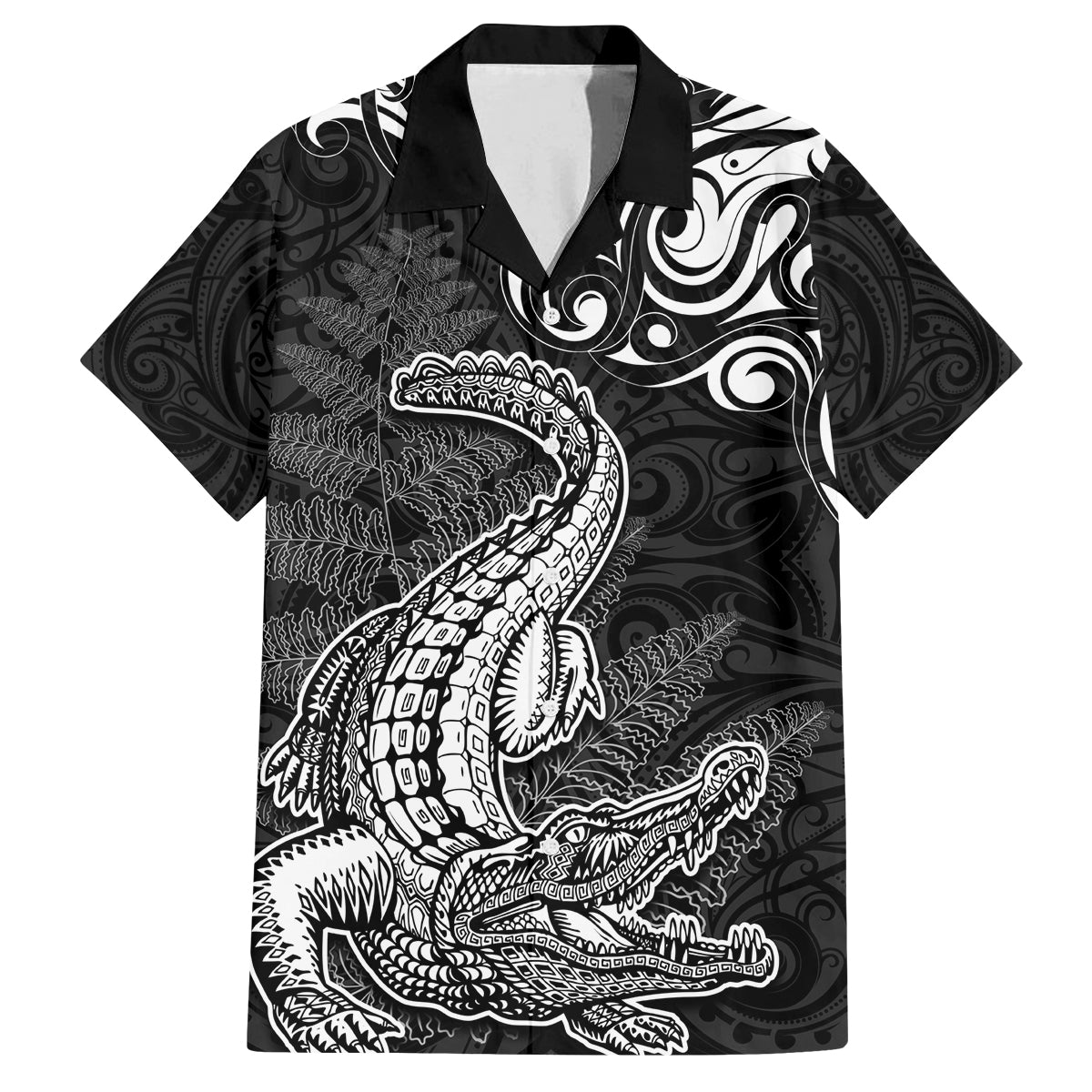 New Zealand Crocodile Tattoo and Fern Family Matching Tank Maxi Dress and Hawaiian Shirt Maori Pattern