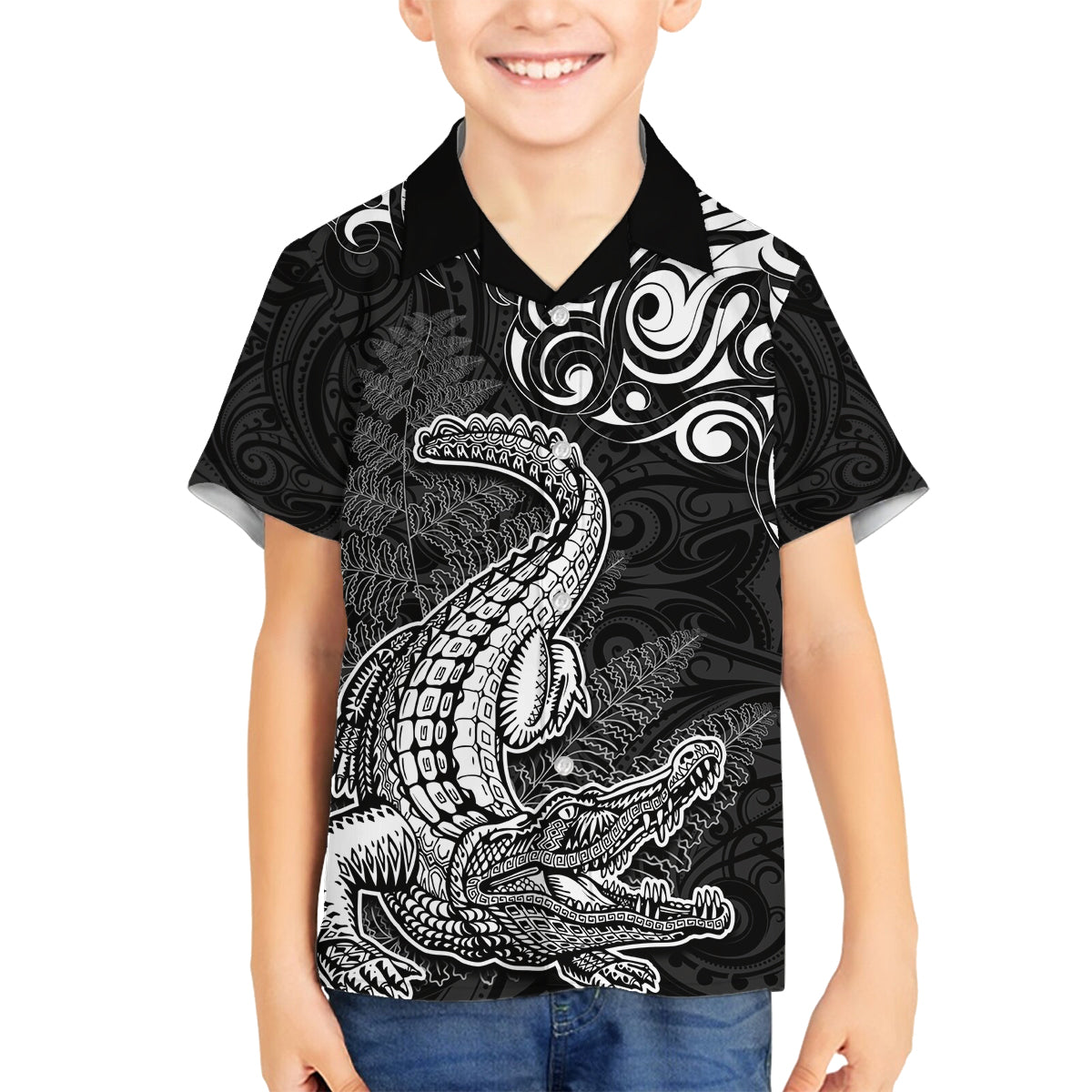 New Zealand Crocodile Tattoo and Fern Family Matching Tank Maxi Dress and Hawaiian Shirt Maori Pattern