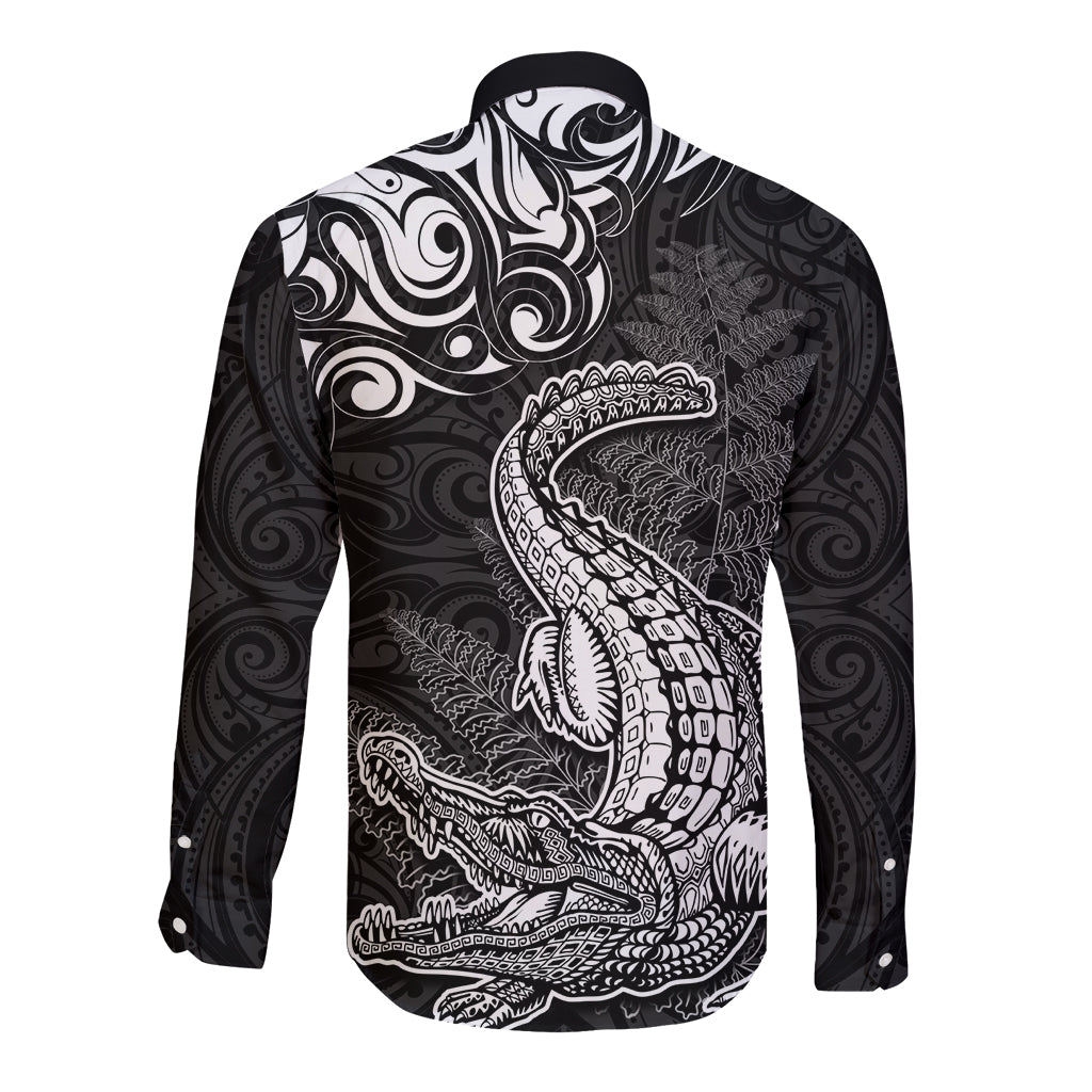 New Zealand Crocodile Tattoo and Fern Long Sleeve Button Shirt Maori Pattern LT03 - Polynesian Pride
