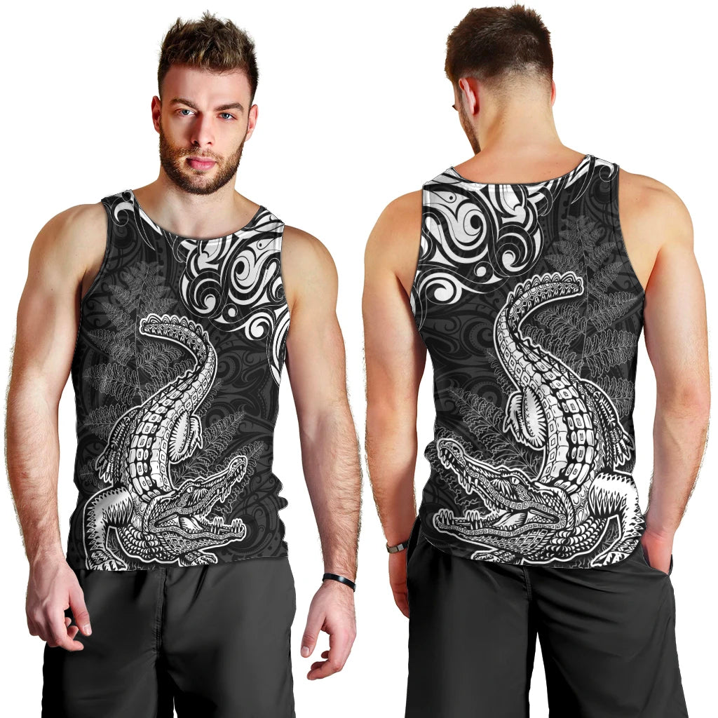 New Zealand Crocodile Tattoo and Fern Men Tank Top Maori Pattern
