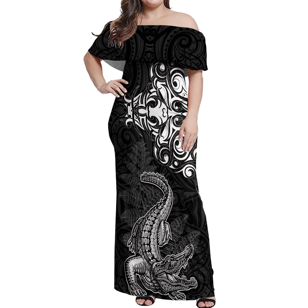 New Zealand Crocodile Tattoo and Fern Off Shoulder Maxi Dress Maori Pattern LT03 Women Black - Polynesian Pride