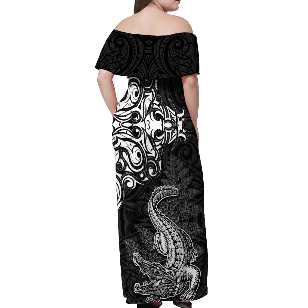 New Zealand Crocodile Tattoo and Fern Off Shoulder Maxi Dress Maori Pattern LT03 - Polynesian Pride