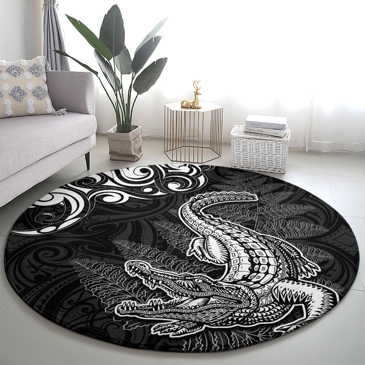 New Zealand Crocodile Tattoo and Fern Round Carpet Maori Pattern LT03 - Polynesian Pride