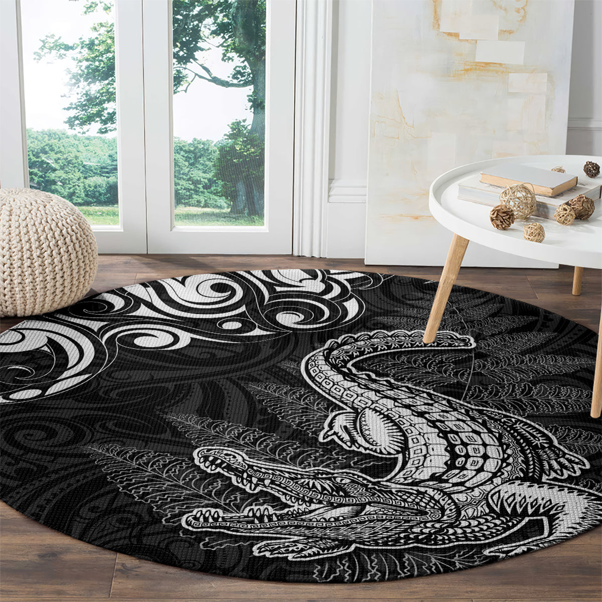 New Zealand Crocodile Tattoo and Fern Round Carpet Maori Pattern LT03 - Polynesian Pride