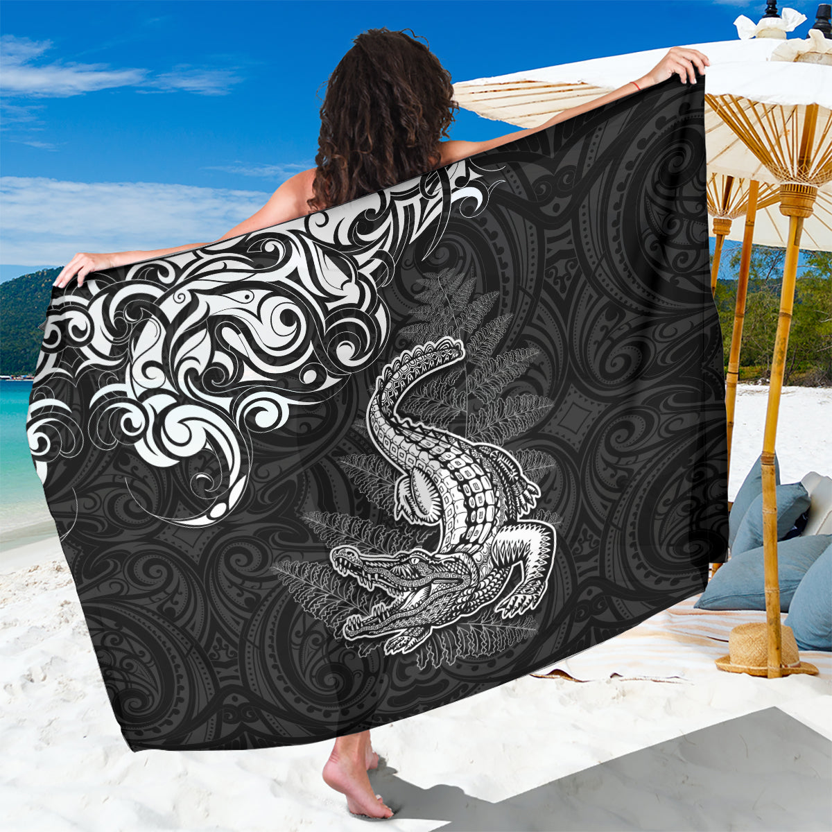 New Zealand Crocodile Tattoo and Fern Sarong Maori Pattern LT03 One Size 44 x 66 inches Black - Polynesian Pride