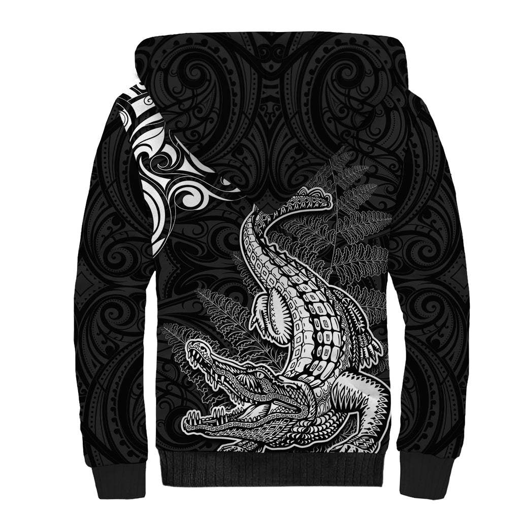 New Zealand Crocodile Tattoo and Fern Sherpa Hoodie Maori Pattern