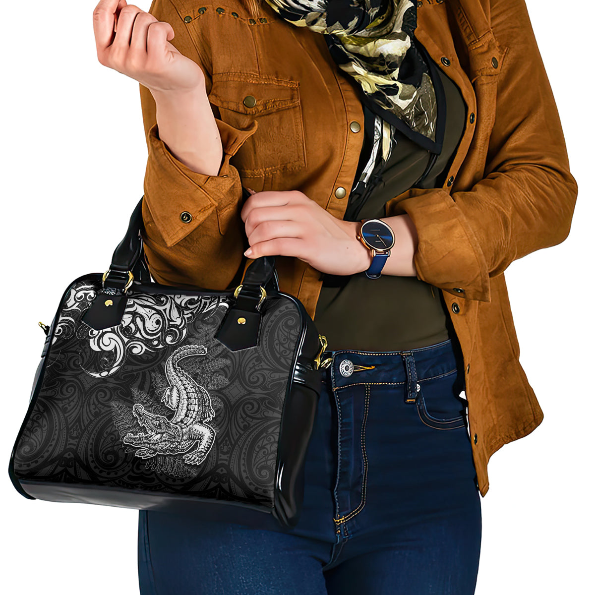 New Zealand Crocodile Tattoo and Fern Shoulder Handbag Maori Pattern