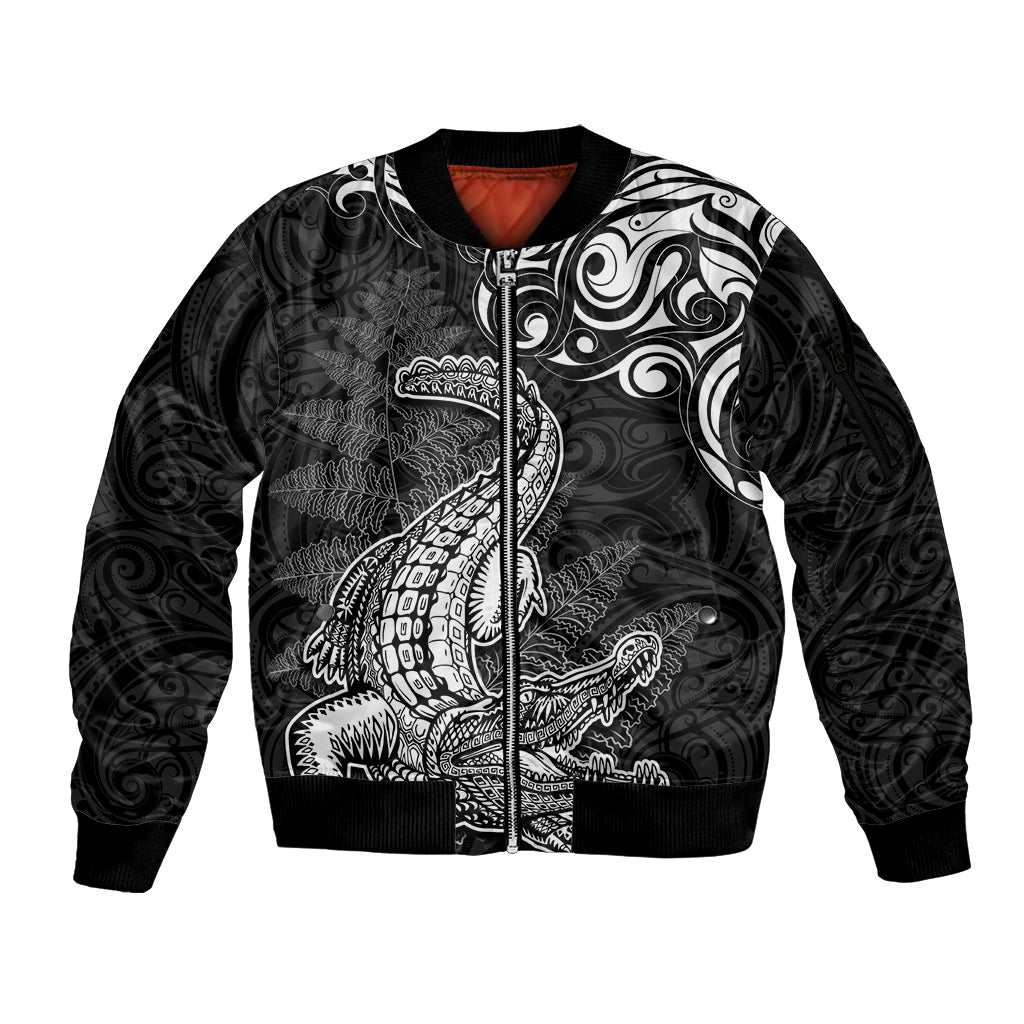 New Zealand Crocodile Tattoo and Fern Sleeve Zip Bomber Jacket Maori Pattern