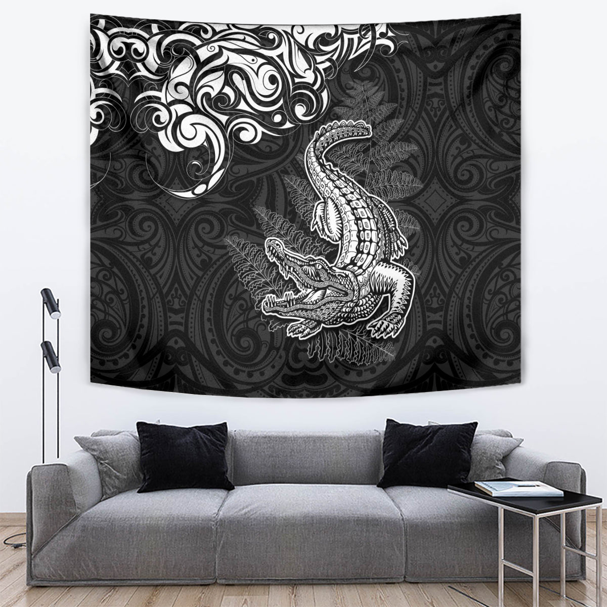 New Zealand Crocodile Tattoo and Fern Tapestry Maori Pattern LT03 Black - Polynesian Pride