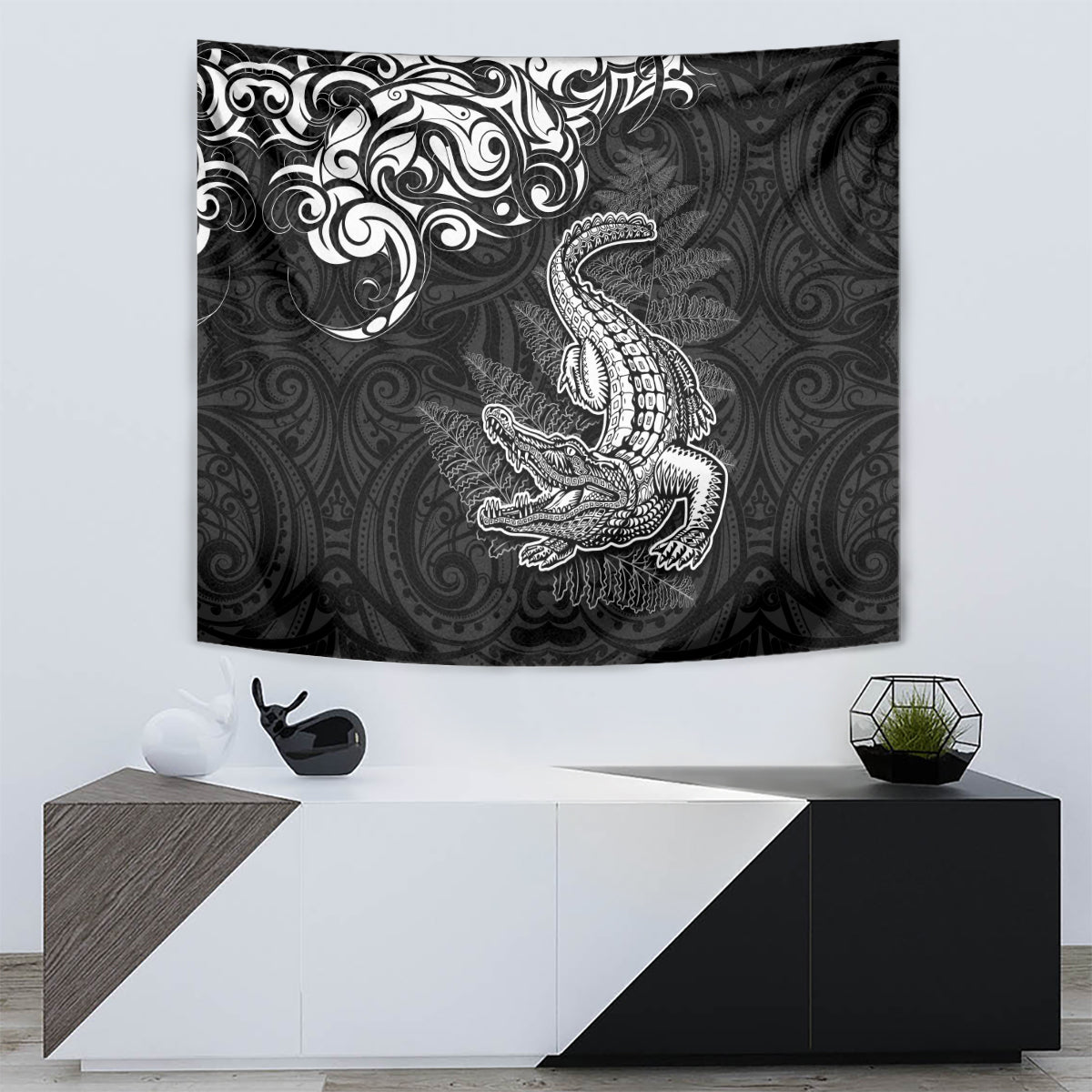 New Zealand Crocodile Tattoo and Fern Tapestry Maori Pattern LT03 - Polynesian Pride