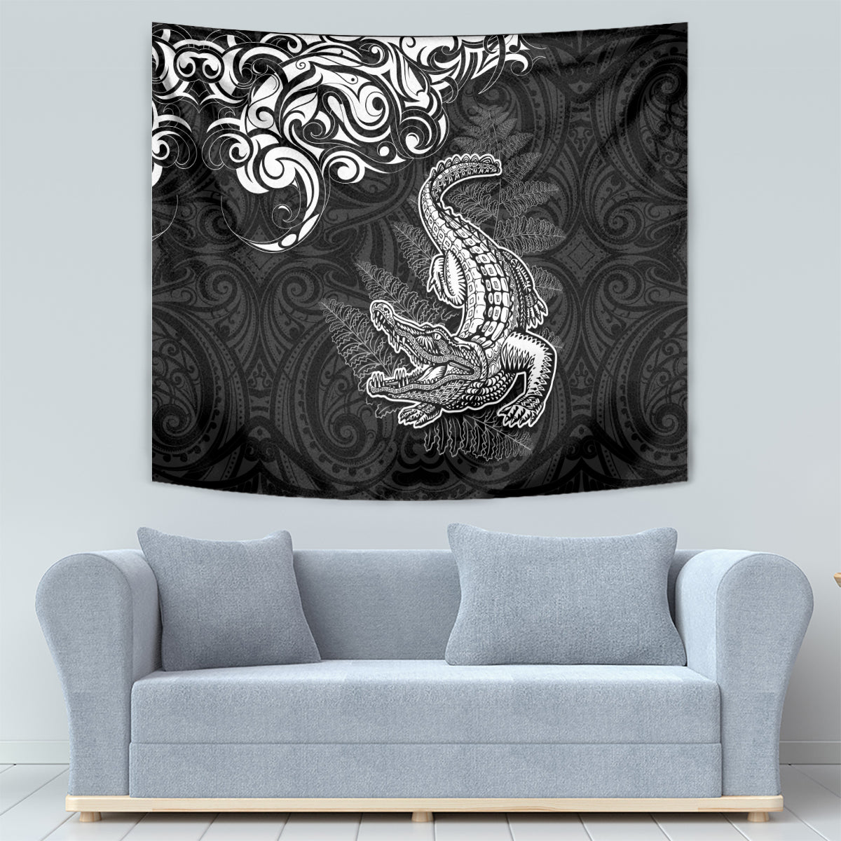 New Zealand Crocodile Tattoo and Fern Tapestry Maori Pattern LT03 - Polynesian Pride