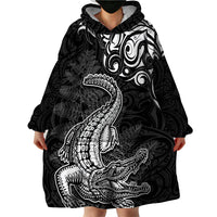 New Zealand Crocodile Tattoo and Fern Wearable Blanket Hoodie Maori Pattern