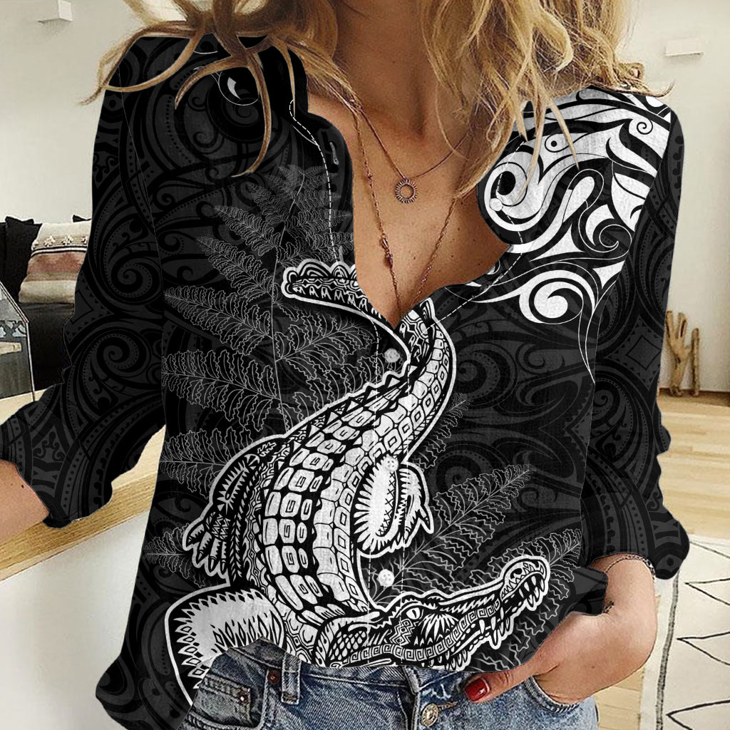 New Zealand Crocodile Tattoo and Fern Women Casual Shirt Maori Pattern