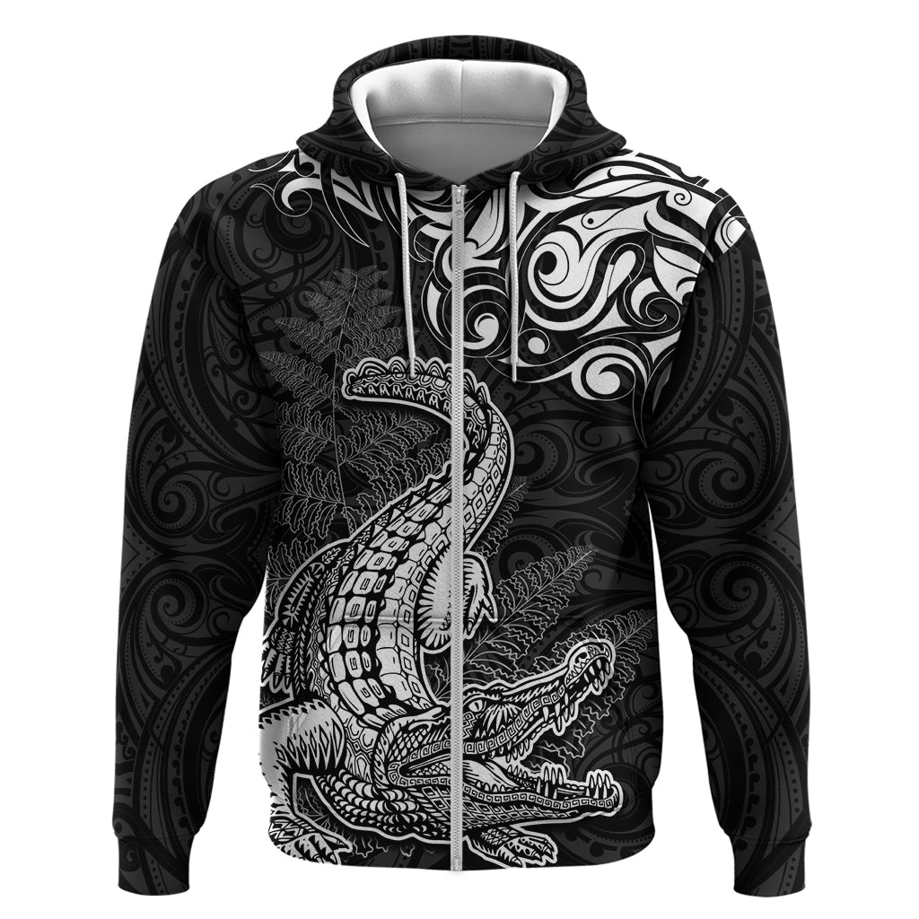 New Zealand Crocodile Tattoo and Fern Zip Hoodie Maori Pattern