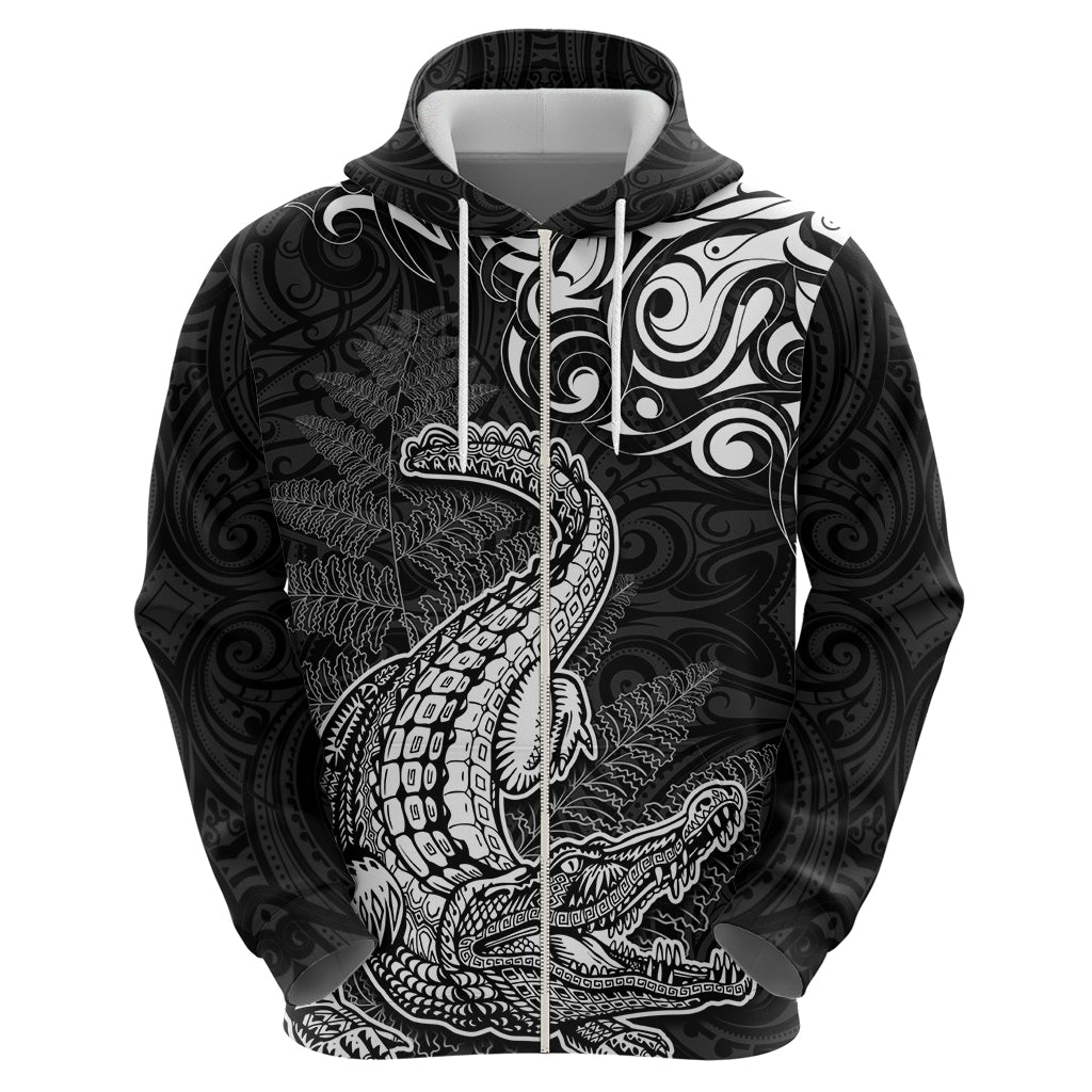 New Zealand Crocodile Tattoo and Fern Zip Hoodie Maori Pattern