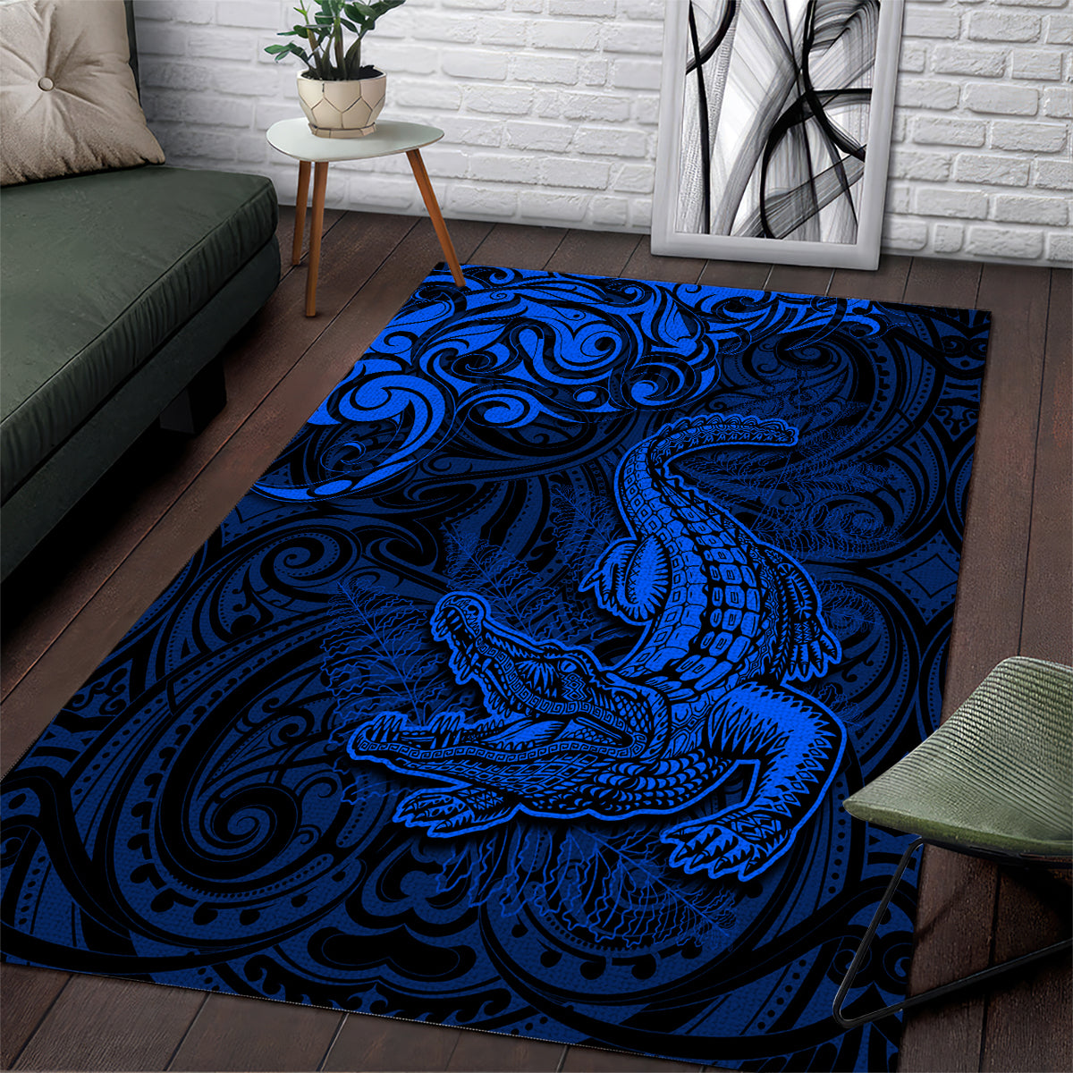 New Zealand Crocodile Tattoo and Fern Area Rug Maori Pattern Blue Color LT03 Blue - Polynesian Pride
