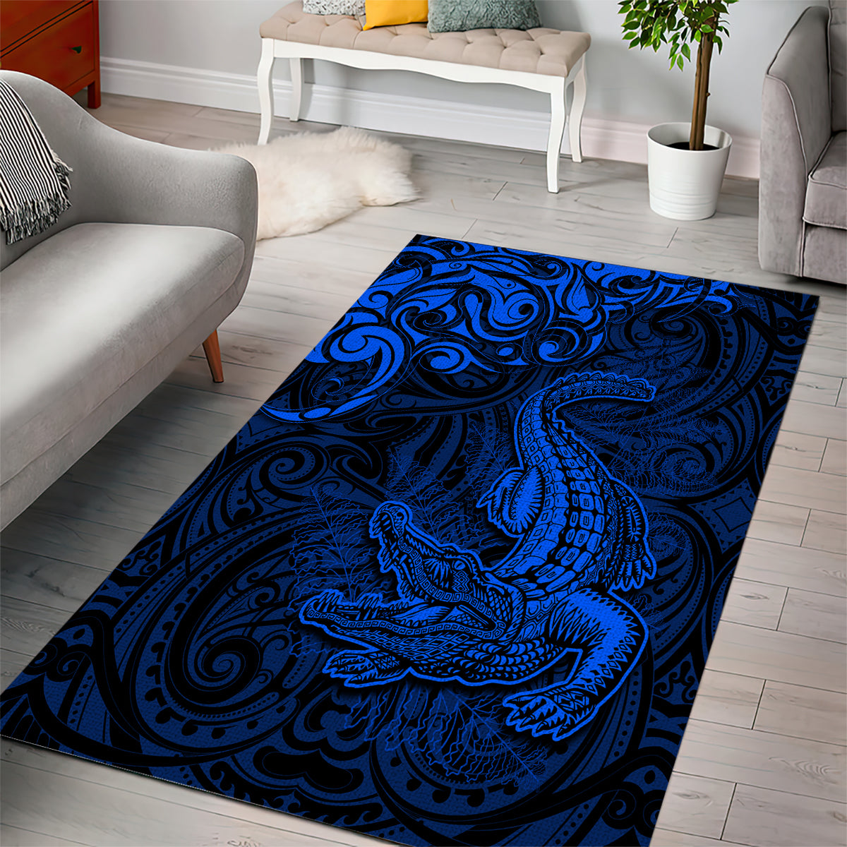 New Zealand Crocodile Tattoo and Fern Area Rug Maori Pattern Blue Color LT03 - Polynesian Pride