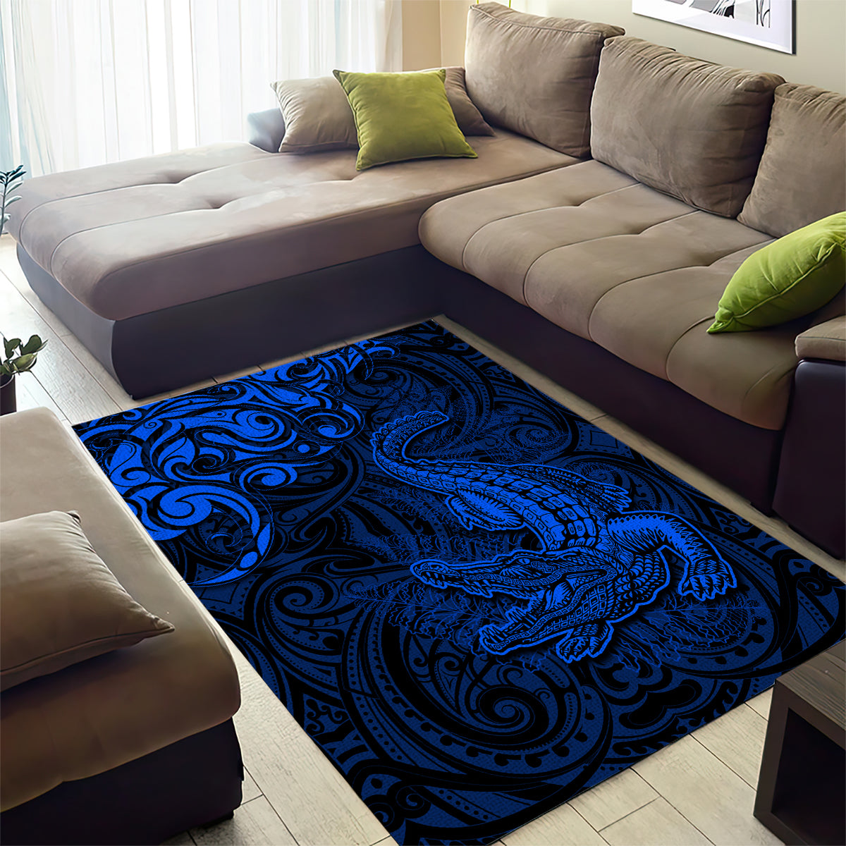 New Zealand Crocodile Tattoo and Fern Area Rug Maori Pattern Blue Color LT03 - Polynesian Pride