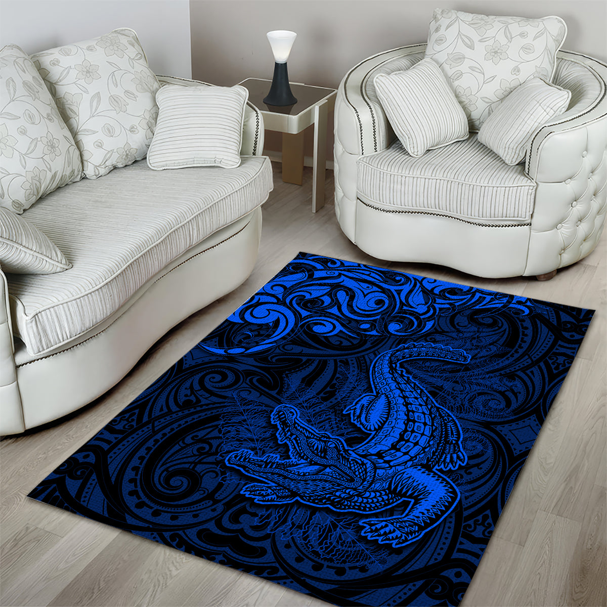 New Zealand Crocodile Tattoo and Fern Area Rug Maori Pattern Blue Color LT03 - Polynesian Pride