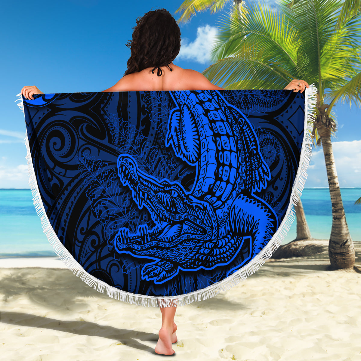 New Zealand Crocodile Tattoo and Fern Beach Blanket Maori Pattern Blue Color