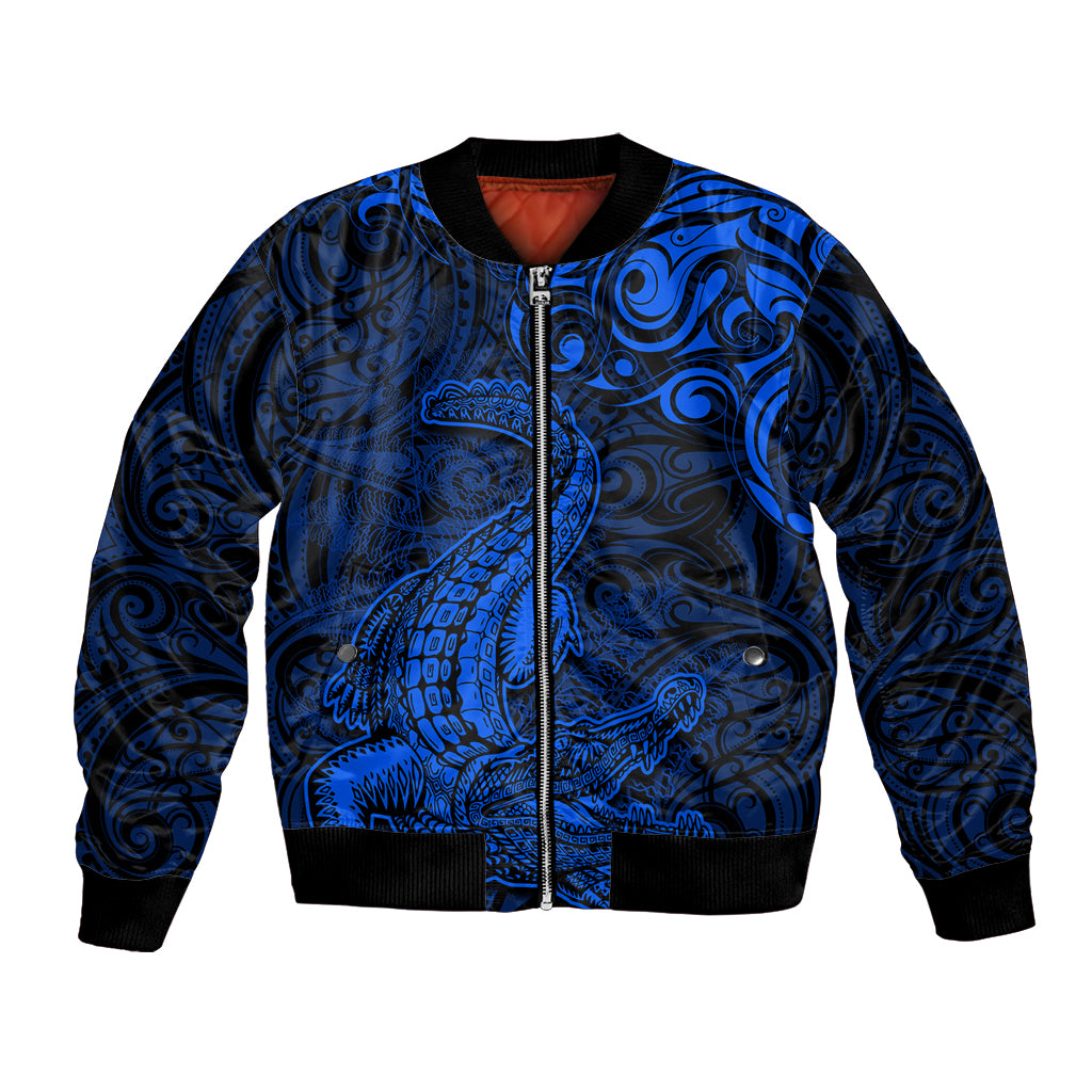 New Zealand Crocodile Tattoo and Fern Bomber Jacket Maori Pattern Blue Color