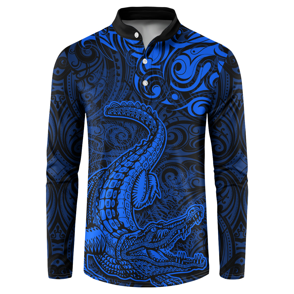 New Zealand Crocodile Tattoo and Fern Button Sweatshirt Maori Pattern Blue Color
