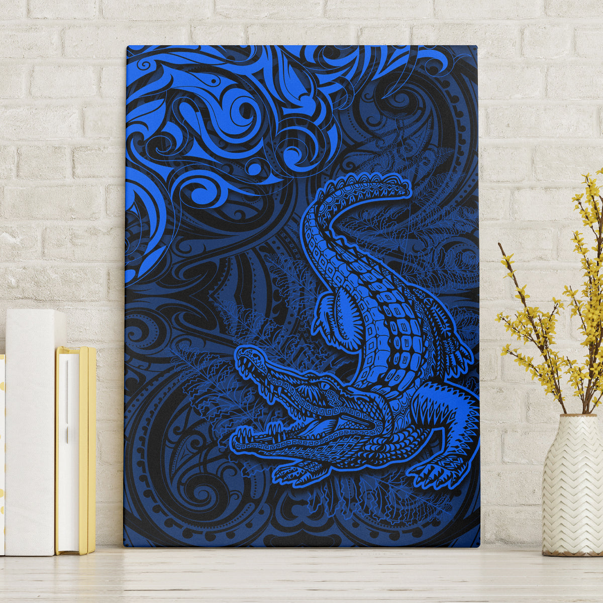 New Zealand Crocodile Tattoo and Fern Canvas Wall Art Maori Pattern Blue Color
