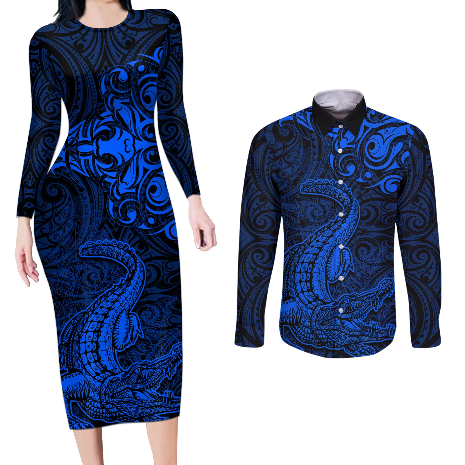 New Zealand Crocodile Tattoo and Fern Couples Matching Long Sleeve Bodycon Dress and Long Sleeve Button Shirt Maori Pattern Blue Color