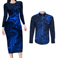 New Zealand Crocodile Tattoo and Fern Couples Matching Long Sleeve Bodycon Dress and Long Sleeve Button Shirt Maori Pattern Blue Color